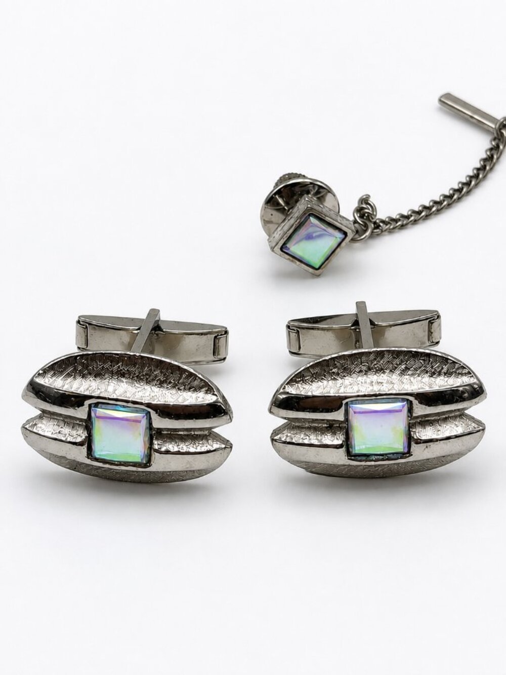 Vintage Iridescent Glass Cufflinks Tie Tack Set Silver Tone MCM 3 piece set